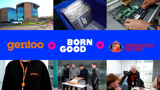 Gentoo headquarters, BornGood refurbished laptops being prepared, and Foundation of Light team receiving devices as part of a digital inclusion initiative in Sunderland