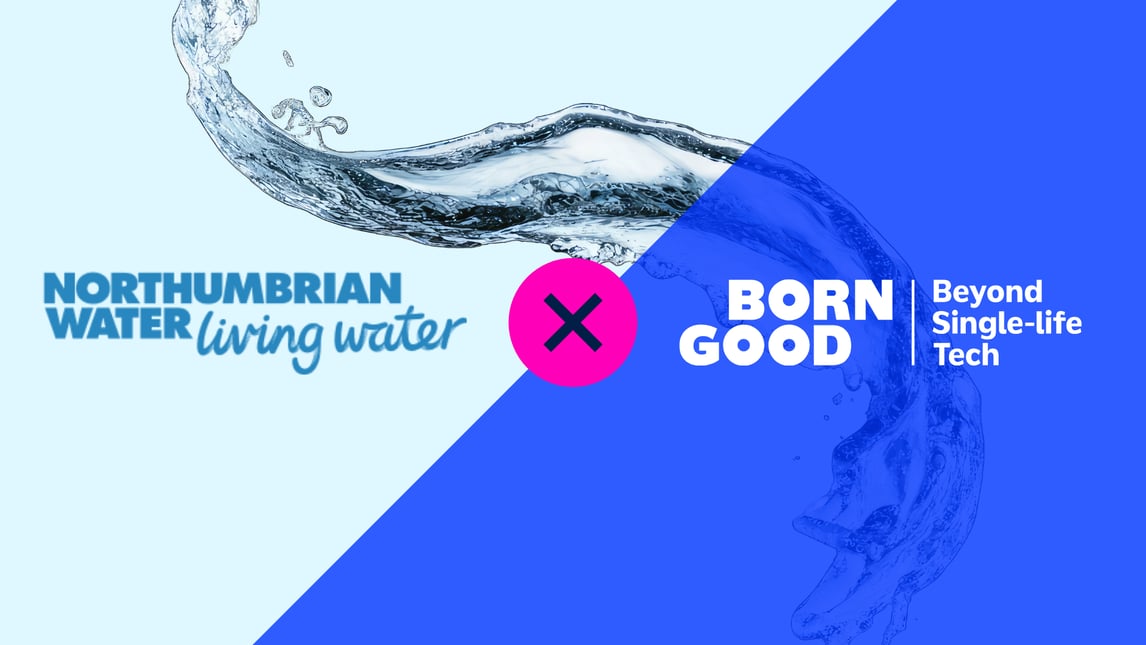 Northumbrian Water and BornGood partnership graphic, the two company logos side by side, joined by a cross, over a flowing water image on a split light blue and brand blue background.